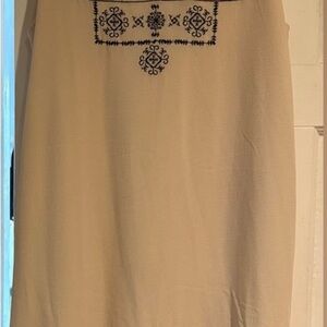 She + Sky Tan Sheath Dress with Navy Embroidery